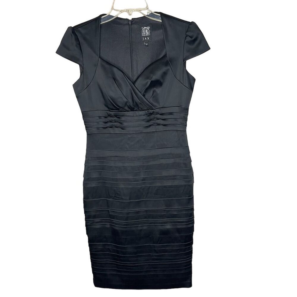 JAX Women's Black Knee Length Cocktail Dress Size 8 Cap Sleeve V-Neck - Picture 2 of 7